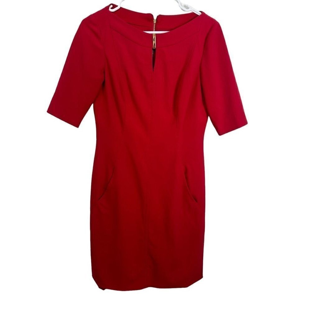 Tahari Arthur S. Levine Red Sheath Dress Gold Zipper Keyhole Pockets Size 4
